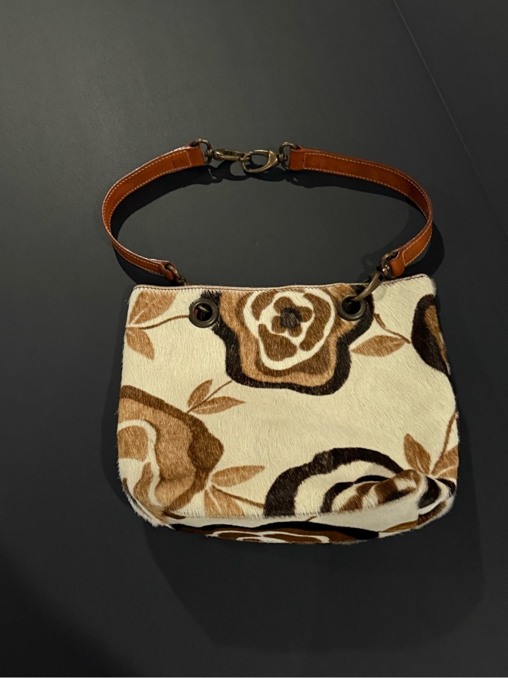 MAURIZIO TAIUTI ITALY Brown Cream Flower Print Cowhide Double Handle Handbag